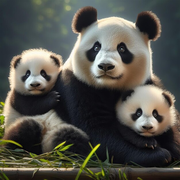 Photo panda in the nest with babies