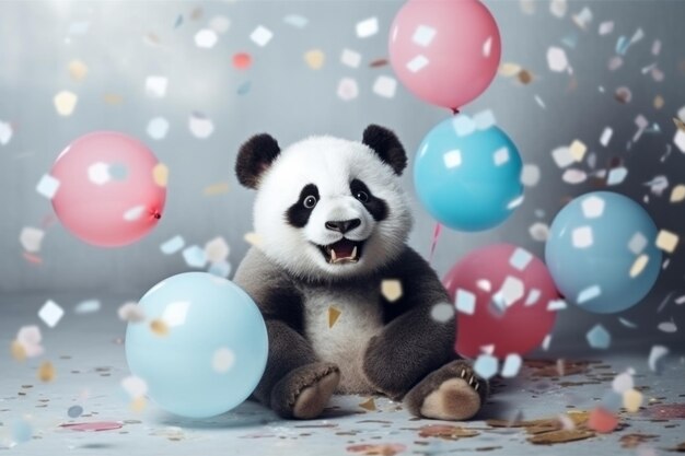 Panda op een blauwe achtergrond omringd door veelkleurige ballonnen en confetti feestelijk concept