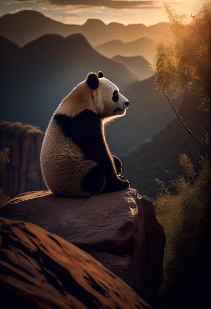 Photo panda perched on a rock looking out over its surroundings generative ai