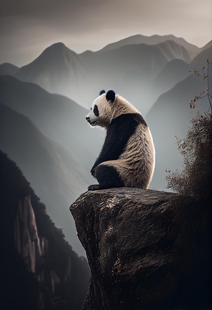 Panda perched on a rock looking out over its surroundings generative ai