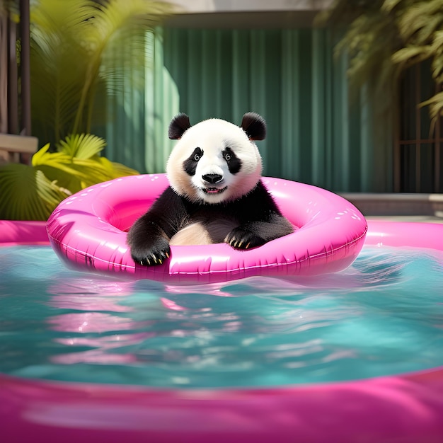 panda in a pink inflatable circle in the pool