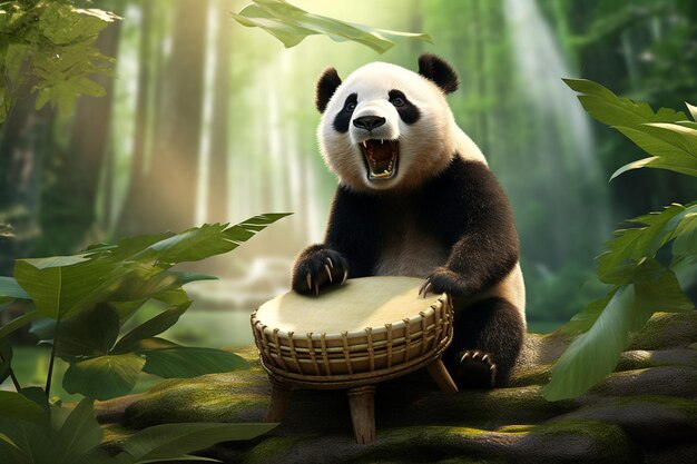 Photo a panda playing a drum with the word panda on it