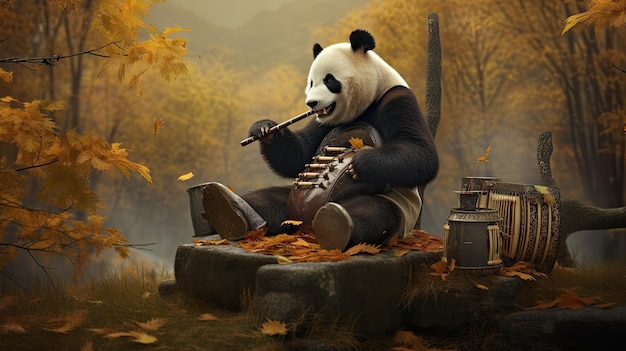 a panda playing a flute with a musical instrument.