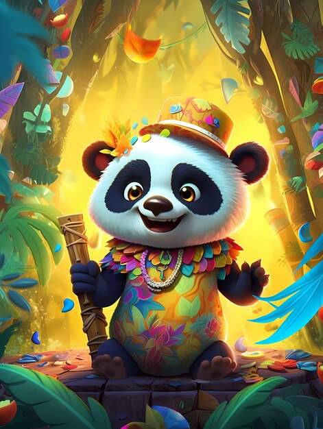 A panda playing a guitar in the jungle.
