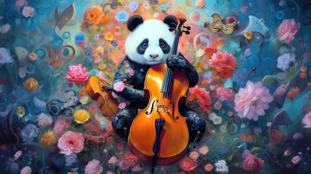 A panda plays a cello in a colorful painting.