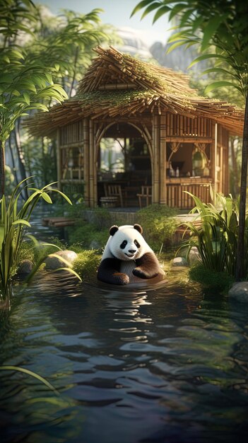 Photo a panda in a pond with a panda in the water