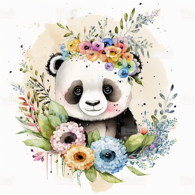 Panda portrait drawing with flowers watercolor Generative AI