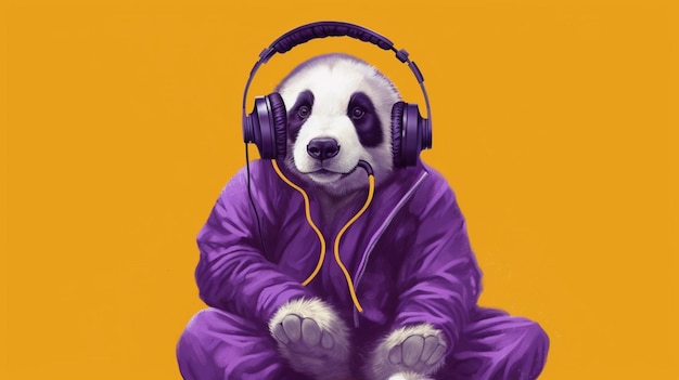 A panda in a purple jacket and glasses