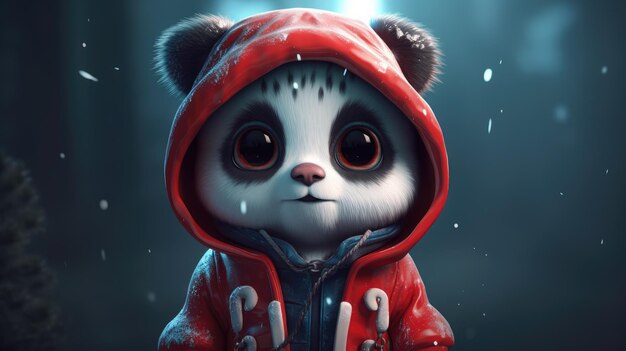 A panda in a red hoodie with the word panda on it.