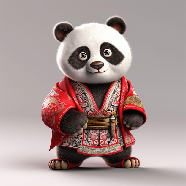 A panda in a red kimono with the number 10 on it.