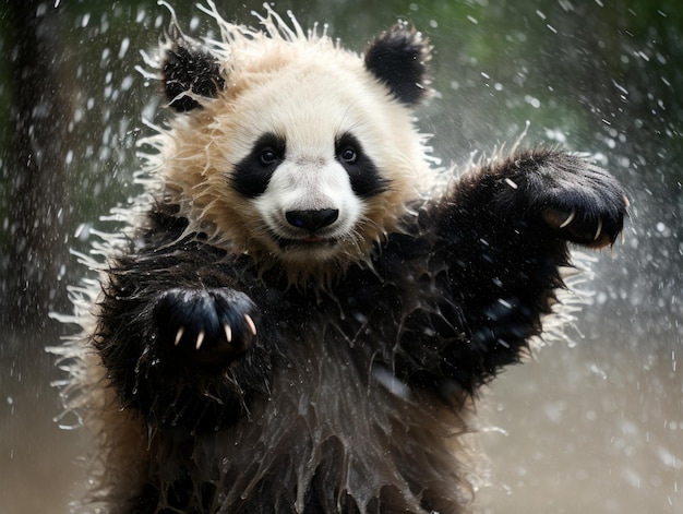 写真 珍しい雨のシャワーを楽しんでいるパンダ