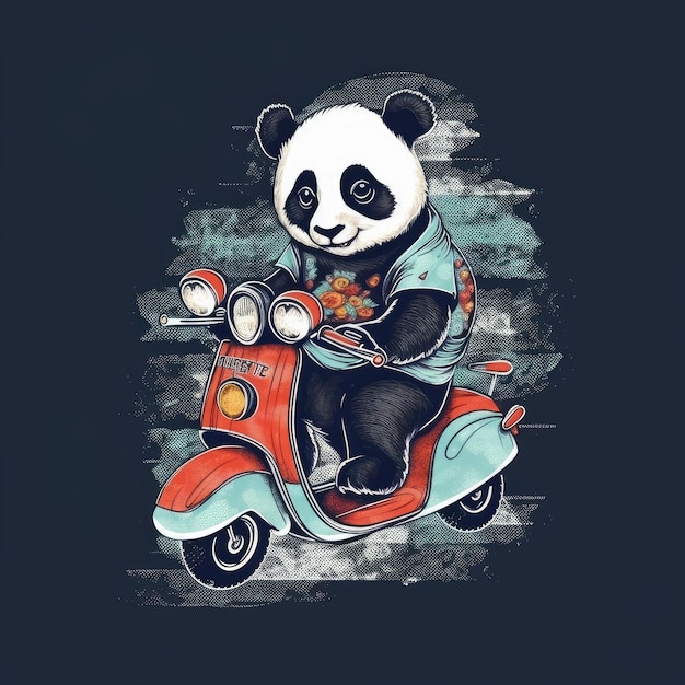 A panda riding a scooter with a shirt that says panda on it.