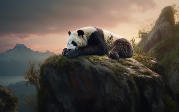 A panda on a rock in the mountains