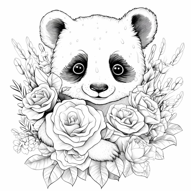 Panda Rose Bouquet Adorable Baby Panda Kleurplaat met zwarte en witte rozen