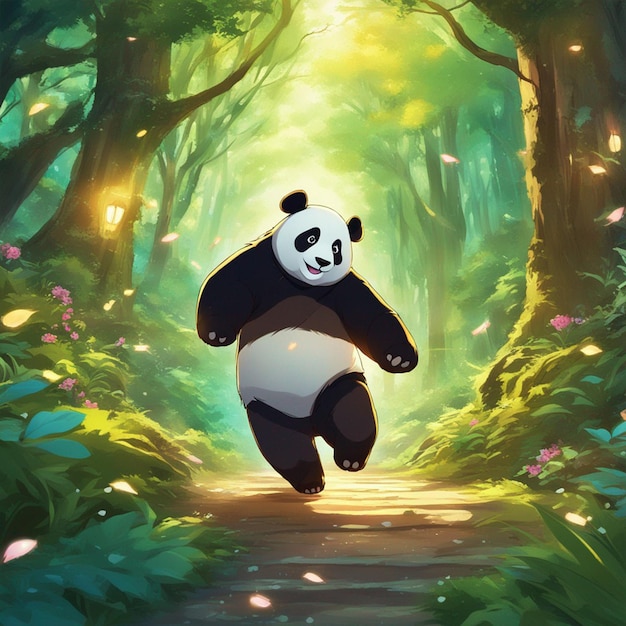 Panda Run In Het Magische Bos Behang