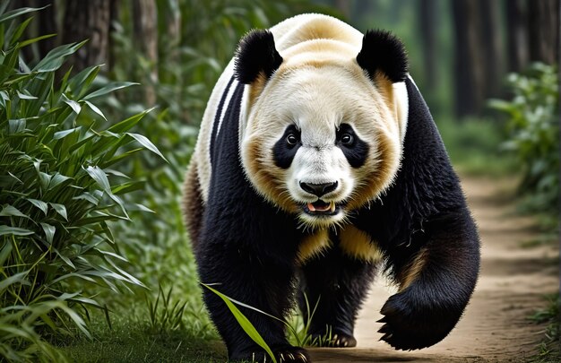 Panda running on background track desert nature wildlife and snow