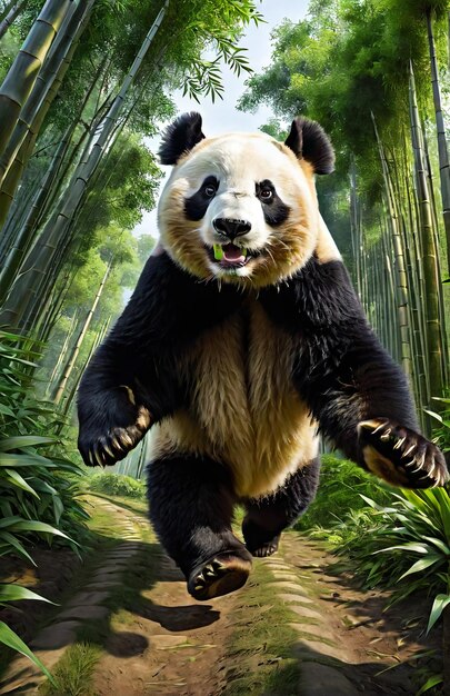 Panda running on background track desert nature wildlife and snow