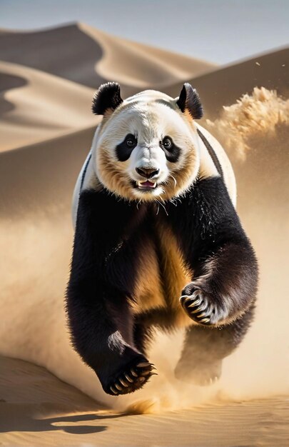 Photo panda running on background track desert nature wildlife and snow