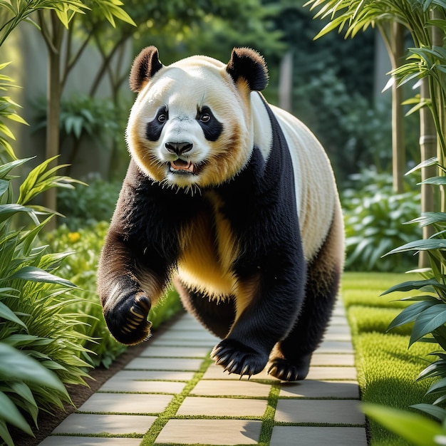 Panda running on background track desert nature wildlife and snow