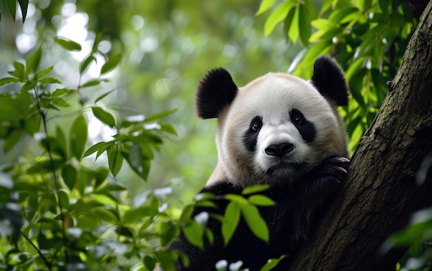 Foto panda rusten op een tak van een boom