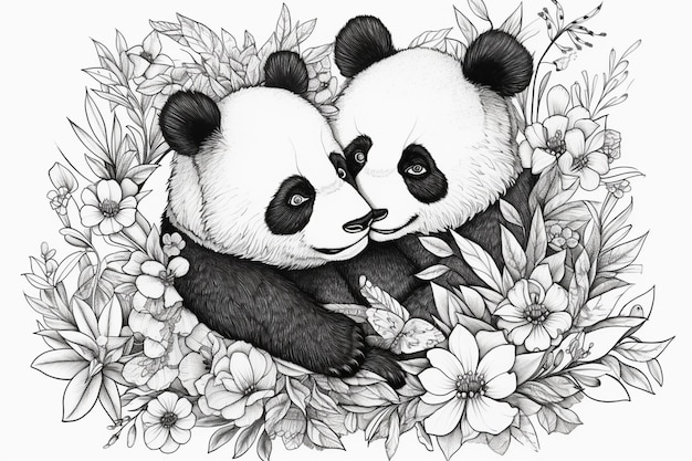 Panda's in een bloembed