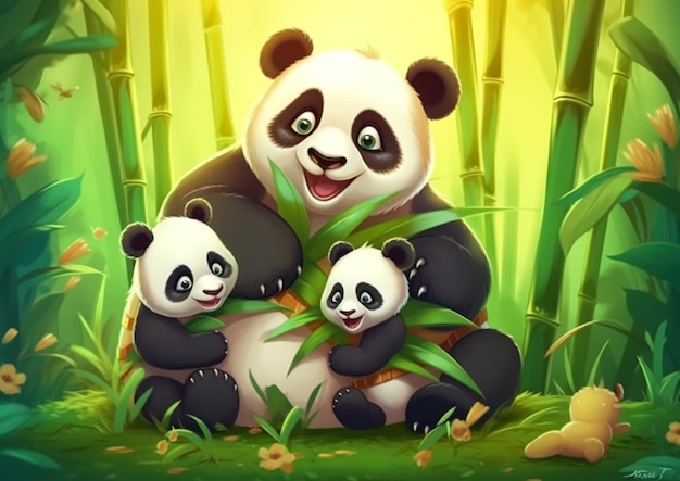 Panda's in het bamboewoud met hun baby's generatieve ai