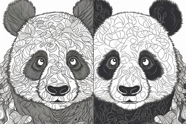 Panda's zijn getekend op een zwart-wit papier.