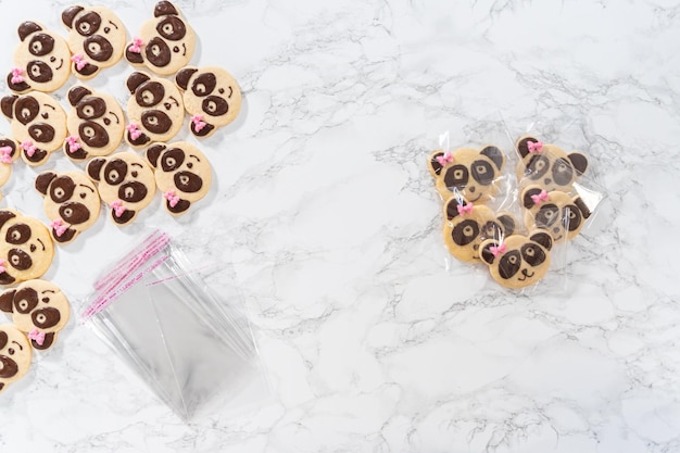 Panda shaped shortbread cookies with chocolate icing