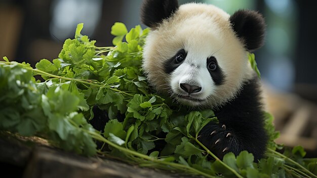 Panda_shows_heart_shaped_green_leaf