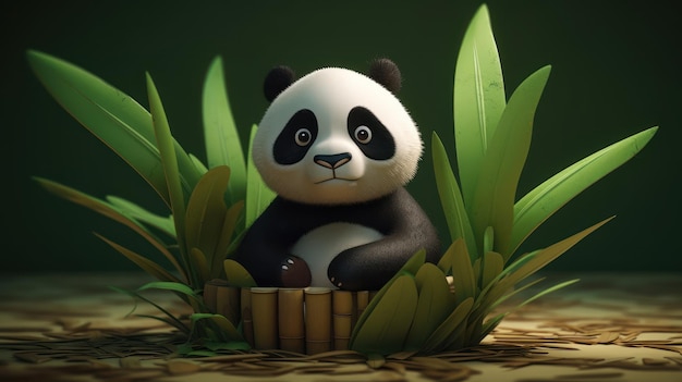 A panda sits in a bamboo basket in a green background.