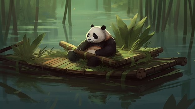 A panda sits on a bamboo raft in a river.