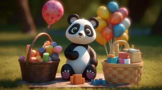 A panda sits next to a basket of easter eggs and a bunch of balloons.