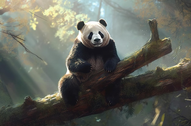 A panda sits on a branch in a forest.