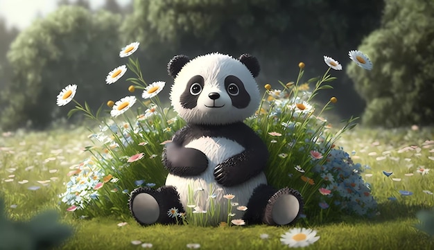 A panda sits in a field of flowers.