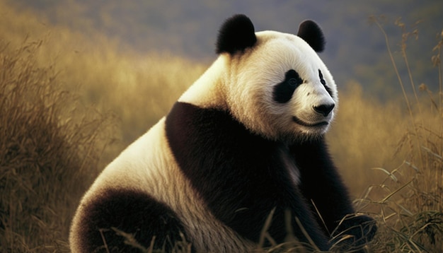 A panda sits in a field with a cloudy sky in the background.