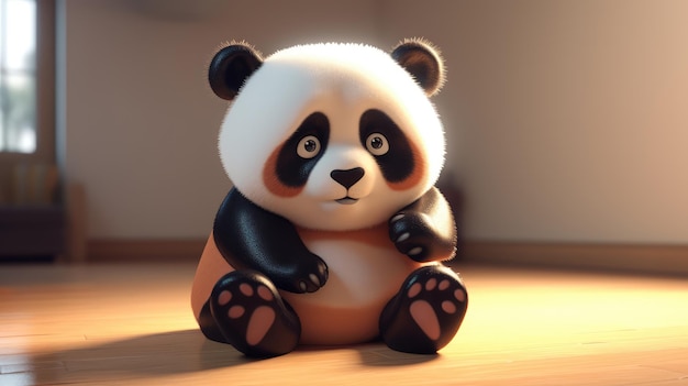 A panda sits on the floor in a room with a light shining on it.