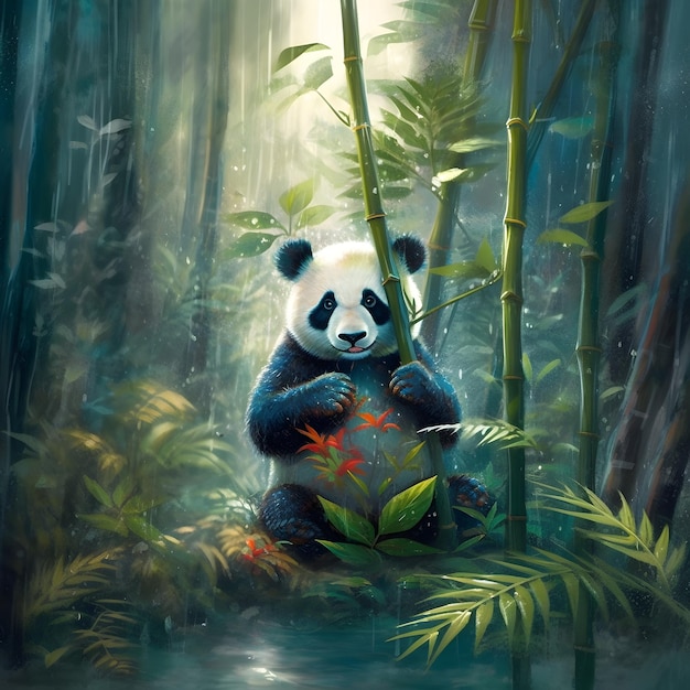 A panda sits in a forest with a plant in its mouth.