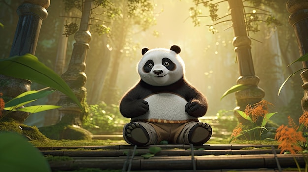 a panda sits in a forest with trees in the background.