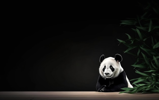 A panda sits in front of a bamboo leaf.