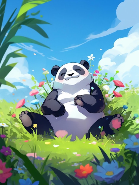 A panda sits in the grass in front of a blue sky.