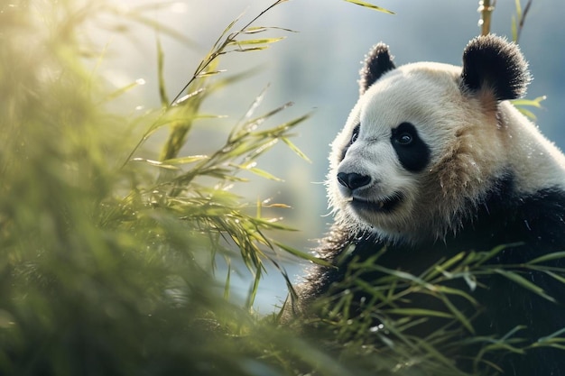 a panda sits in the grass with the sun behind her.