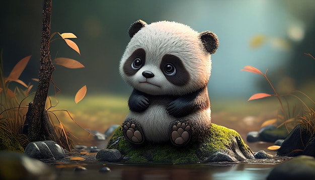 A panda sits on a rock in a forest.