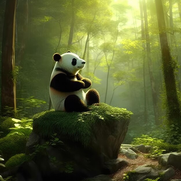 A panda sits on a rock in a forest.