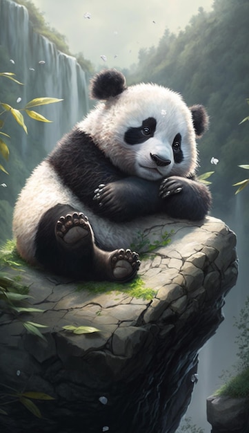 A panda sits on a rock in the jungle.