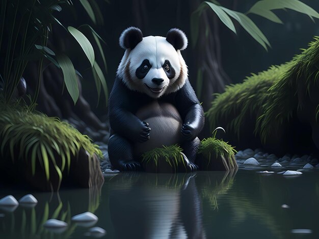 A panda sits on the shore of a pond.