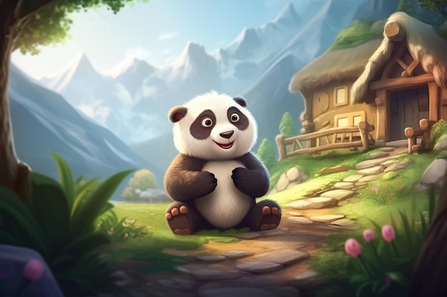 panda sitting in the garden background digital art