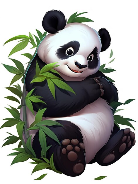 パンダは竹の葉と笑顔で地面に座っています