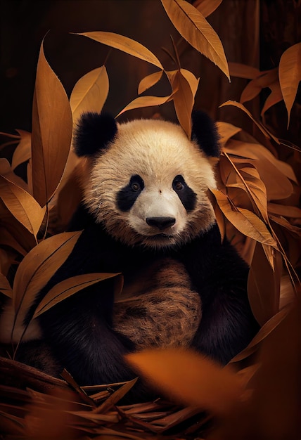 Panda sitting in a pile of bamboo leaves looking contented generative ai