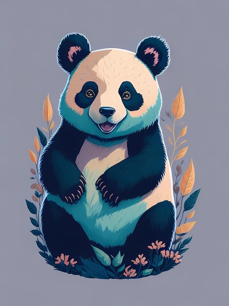 A panda sitting on a plant with leaves and flowers.