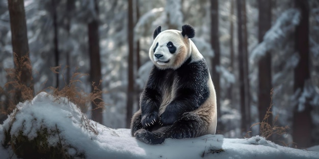 A panda sitting on a snow covered ledge